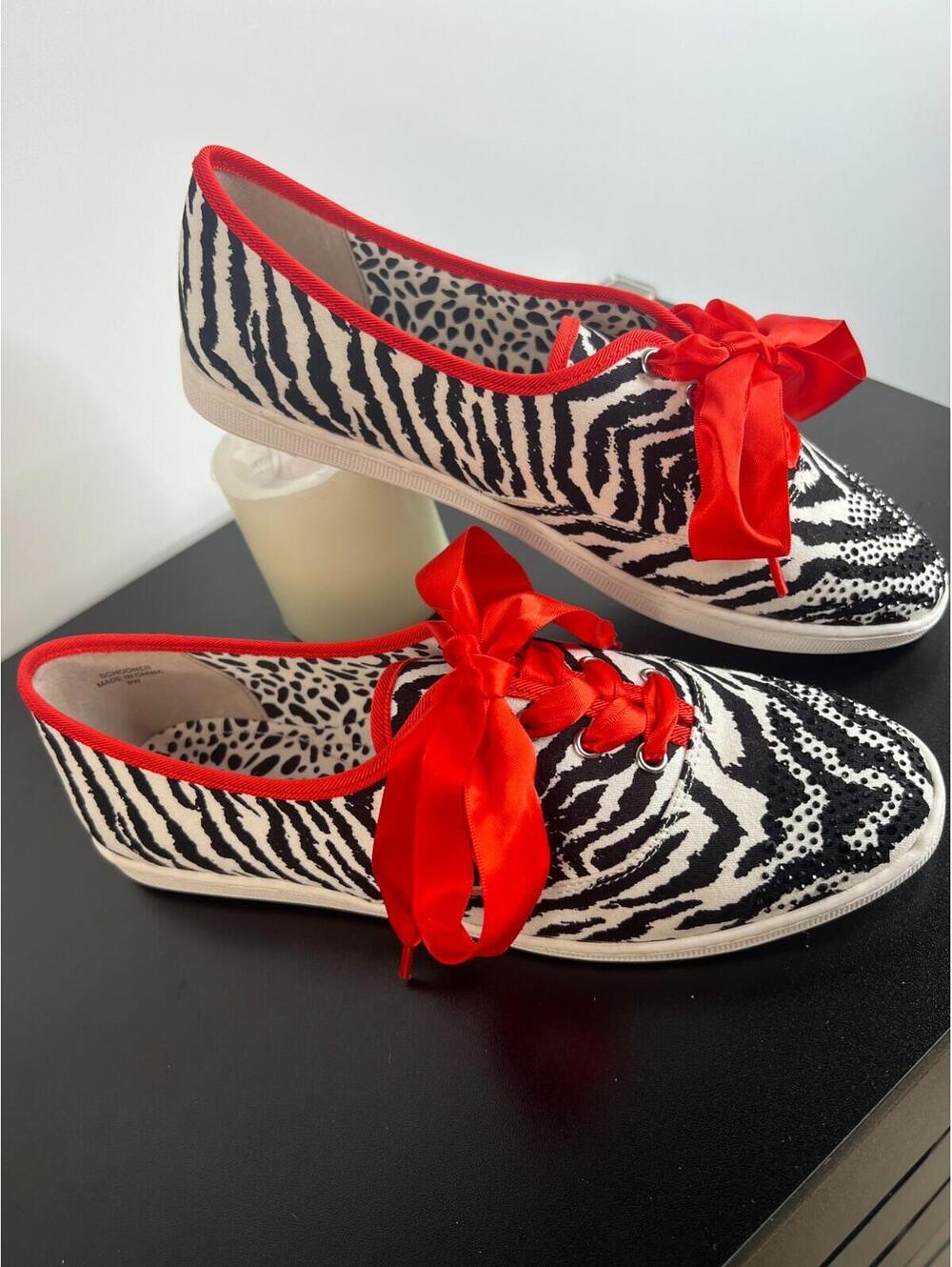 J Renee Zebra Print Sneakers 9Wide  Rhinestone Toe Red Ribbon Lace Fashion Shoes - Picture 2 of 15